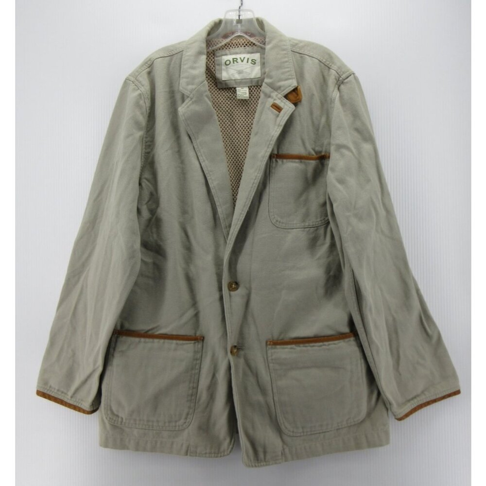 Orvis Blazer 42 Khaki Jacket Field Hunting Elbow Patches Leather Trim